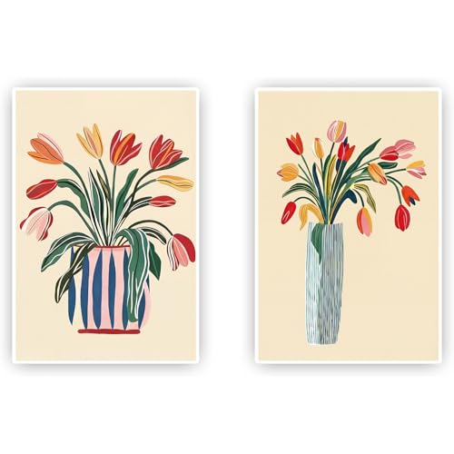 Set of 2 Abstract Flower Wall Art Tulip Flower Illustration 16x24 Inch Unframed Botanical Art Prints Minimalist Flower Poster for Living Room Kitchen Dining Area with Modern Style and Set Details - color: LivingRoomPrints-8 UnFramed, size: 16X24inchx2pcs