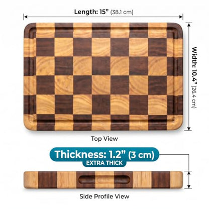 Checkered Cutting Board for Kitchen, 15"x10.4"x1.2" End Grain Cutting Board, Solid Ebony and Rubberwood Butcher Block Cutting Board with Juice Groove, Reversible Wooden Charcuterie Board