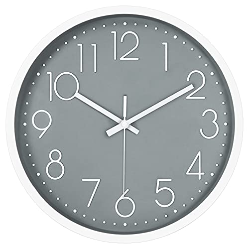 12in Non-Ticking Wall Clock, Silent Battery Operated Wall Clock with ABS Frame HD Glass Cover for Kids Living Room Bedroom Kitchen School Office Decor (Gray) - color: Gray