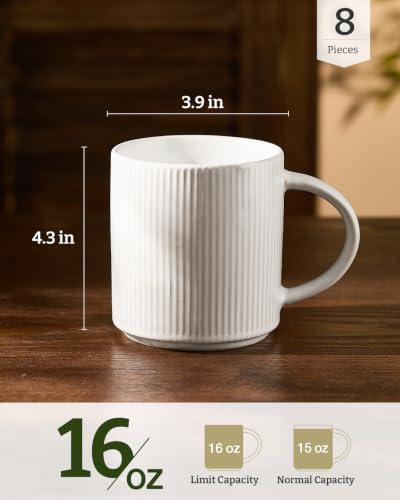 famiware Coffee Mug Set of 8, Star 16 oz Large Mugs Cup Set with Handle | Ceramic Mug for Coffee, Latte, Tea, Stackable Drinkware Set, Microwave & Dishwasher Safe, Matte White - color: Matte White, size: 8 Count (Pack of 1)