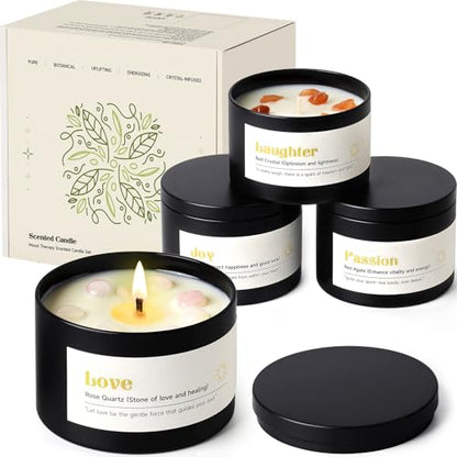 AOOVOO Crystal Energy Candles Set for Women - Soy Candle for Home Scented | 4 Pack 26 oz, 200 Hour Long Lasting Candle, Laughter Red Crystal/Love Rose Quartz/Joy Citrine/Passion Red Quartz - color: Energy Candles Set