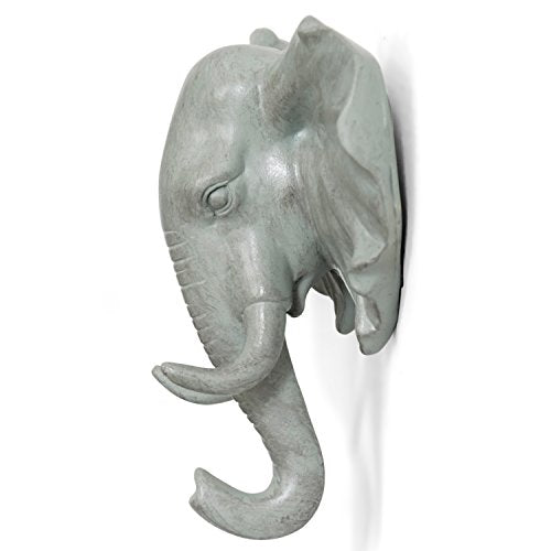 Elephant Head Single Wall Hook/Hanger, Grey | Animal Shaped, Coat Hat Hook, Heavy Duty, Rustic, Decorative Gift - color: Elephant-Grey