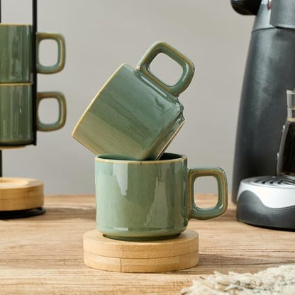 LUKA Porcelain Stackable Espresso Cups with Saucers and Metal Stand, 4 Ounce Small Ceramic Demitasse Cups Set for Latte, Specialty Coffee Drinks, Cafe Mocha,Tea - Set of 4, Wild Sage Earth - color: Wild Sage Earth