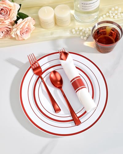 350 Piece Red Plastic Dinnerware Set for 50 Guests | Disposable Dinnerware Includes: 50 Dinner Plates, 50 Dessert Plates, 50 Pre Rolled Napkins with Silverware, 50 Cups - color: White Red, style: 350 Piece (50 guests)