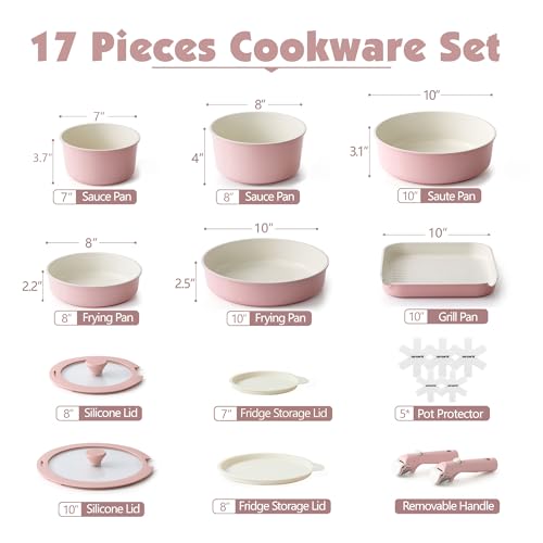 SENSARTE 17 Piece Ceramic Detachable Handle Pots and Pans Set Pink | Ceramic Cookware Set, Induction Cookware Set with Removable Handle, Healthy Non Stick for RV, Dishwasher ＆ Oven Safe - color: Pink, size: 17 Piece