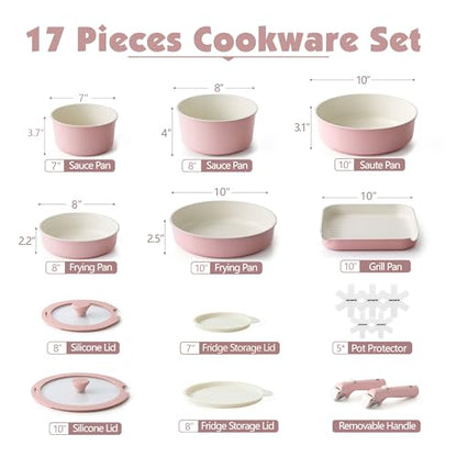 SENSARTE 17 Piece Ceramic Detachable Handle Pots and Pans Set Pink | Ceramic Cookware Set, Induction Cookware Set with Removable Handle, Healthy Non Stick for RV, Dishwasher ＆ Oven Safe - color: Pink, size: 17 Piece
