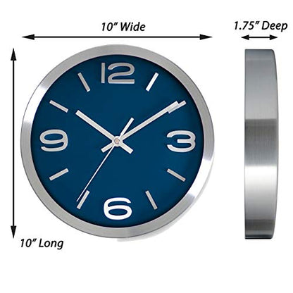 Bernhard Products Wall Clock 10 Inch Modern Silver Round Elegant Metal Quality Quartz, Silent Non Ticking Battery Operated Home Office Clock with 3D Numbers (Silver & Prussian Blue) - color: Silver & Prussian Blue