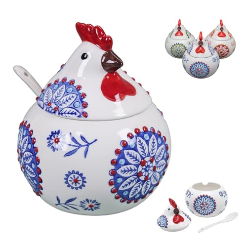 Ceramic Salt Cellar with Lid and Spoon, 13.5 oz Chicken Salt Jar for Countertop, Rooster Salt Holder for Salt, Sugar, Spices, Coffee, Farmhouse Kitchen Decor, Blue - color: Blue