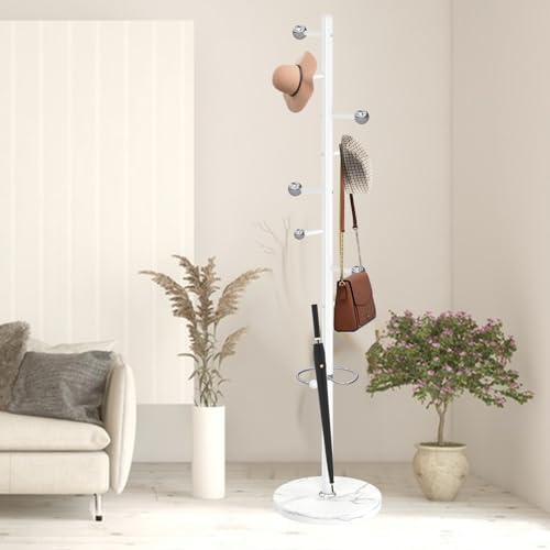 Coat Rack Stand, White Metal Coat Rack Freestanding with 8 Hooks | Coat Rack with Natural Marble Base,Modern Coat Hanger Stand, 3 Adjustable Coat Clothes Tree Stand for Office - color: White-8 Ball Hooks
