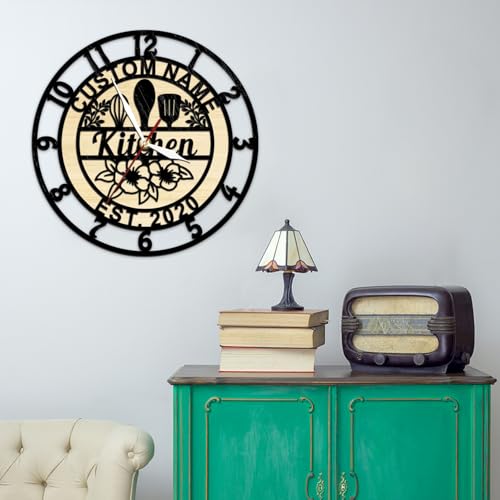 Kitchen Wall Clock Custom Name, Wood Chef Clock Modern Decorative Kitchen Clocks Wall Battery Operated Silent Movement for Restaurant Dinning Room Farmhouse Cooking Lovers Chef Mom Gift - size: 15 inch