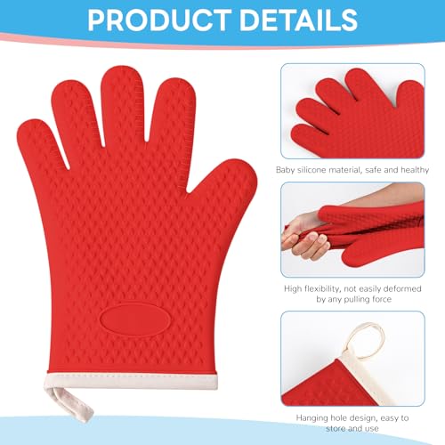 1 Pair Oven Mitts, Heat Resistant Protective Oven Gloves, Cotton Lined Silicone Kitchen Mitts Pair, Nonslip Silicone Cooking Gloves with Fingers (Red) - color: Red
