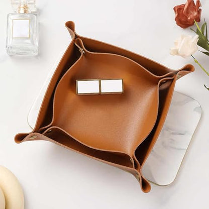 2 pcs Key Tray Jewelry Tray Leather Valet Tray for entryway Table Leather Desk Organizer Catch All Trays Candy Holder Sundries Tray Desk Catchall Travel Dish Plate (Blue) - color: Blue