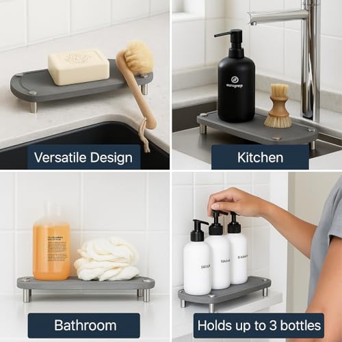 Home Sink Caddy - Water Absorbing Stone Tray for Sink - Stainless Steel Feet - Fast-Drying Stone Sink Tray for Kitchen Counter (Grey, 10"X4")