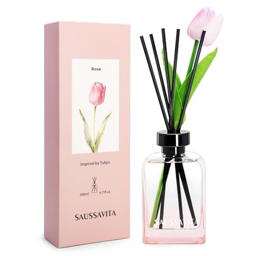 Flower Reed Diffuser Set Rose Scent 6.76 oz for 120 Days Small Spaces | Floral Scent, PinkTulip, Vintage Rectangular Bottle, Long Lasting, Narrow Spaces, Office Shelf Decor, Mothers Day Gift - color: Rosa