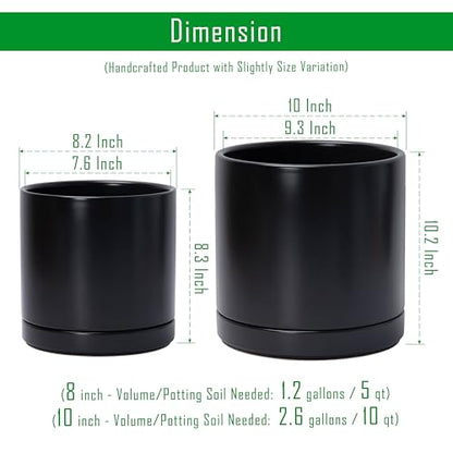 D'vine Dev 2-Pack Ceramic Pots with Saucers, 8/10 in, Black, 94-G-L-2 | Glazed Ceramic, Drainage Hole, Perfect-Fit Saucer, Sleek Cylinder Shape, High Temperature Fired, Elegant Home Accent - color: Black, size: Large