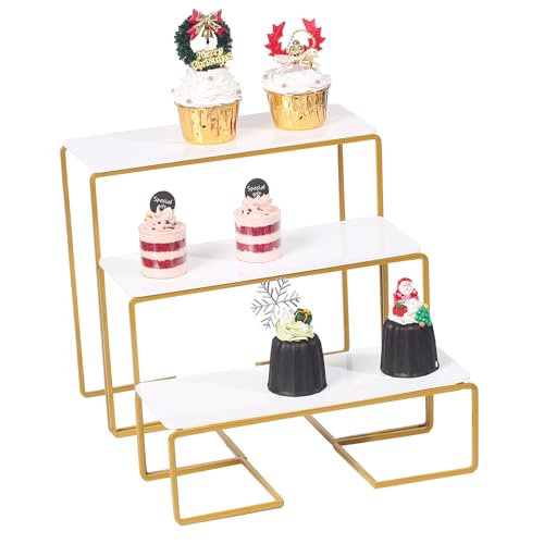 12 Inch 3 Tier Serving Tray Stand, White Acrylic Dessert Stand with Gold Painted Iron Rack, Removable Rectangular Trays for Cupcakes, Appetizers, Fruit, Cookies and Candy - color: White and Gold
