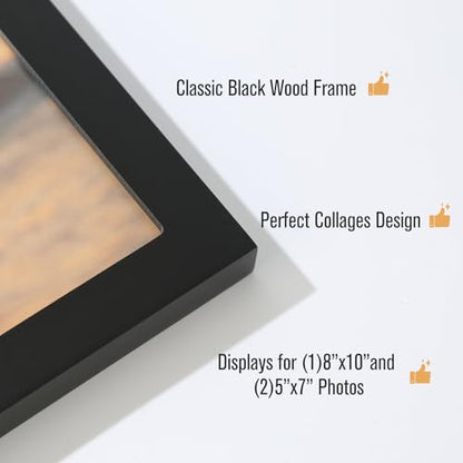 3-Opening Collage Frame 8x10 + 2(5x7) Black Wood | Holds 8x10 and two 5x7 photos, shatter-resistant glass, tabletop & wall mount - size: 8x10 & 5x7 - 3 Opening