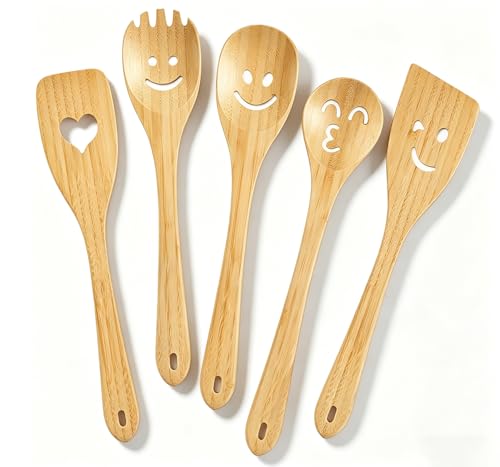 Smiley Face Wooden Spoons Set, 5-Piece Organic Bamboo Cooking Utensils | Cute Kitchen Gadgets with Smooth Splinter-Free Finish, Heat Resistant Funny Spatula for Daily Cooking & Gifting