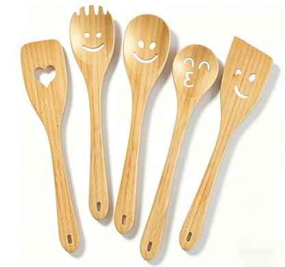 Smiley Face Wooden Spoons Set, 5-Piece Organic Bamboo Cooking Utensils | Cute Kitchen Gadgets with Smooth Splinter-Free Finish, Heat Resistant Funny Spatula for Daily Cooking & Gifting