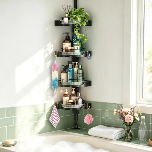 360° Rotating Corner Shower Caddy Tension Pole, 4-Tier Rustproof Shower Organizer, No-Drill Tool-Free Adjustable Height 34-124" for Bathroom Shelves Storage, Black - color: Black