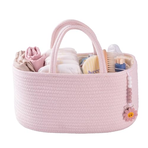 XUANGUO Pink Cotton Rope Baby Diaper Caddy Organizer Basket for Girls | Nursery Storage Bin, Portable Baby Tote Bag for Changing Table or Car, Baby Shower Gifts Bag, Newborn Essentials, Registry - color: Light pink, size: Regular