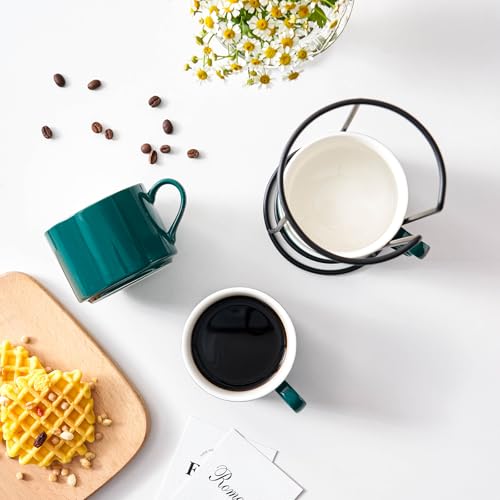 10oz Porcelain Stackable Coffee Mugs and Metal Stand Set of 4, Espresso Cups Set for Hot Drinks, Cappuccino, Tea-Green - color: Green