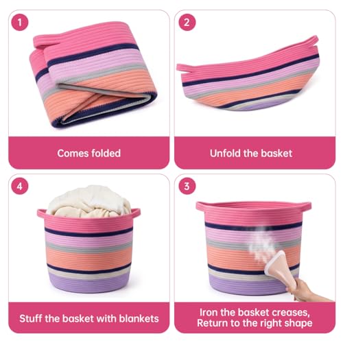 Pink Large Blanket Basket with Handles, 56 L Woven Rope Toy Basket, Foldable Storage Bin for Blankets, Toys & Laundry, stuffy storage for Bedroom & Playroom&Living room (15.7"D * 17.7"H) - size: 15.7"D * 17.7"H
