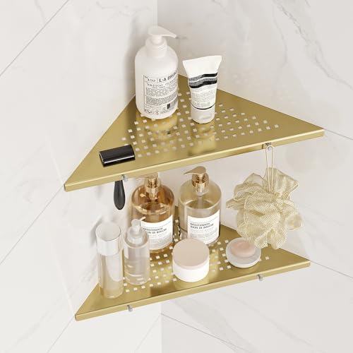 Qeke 10" Corner Shower Shelf, 2 Pack Bathroom Corner Shelf, Brushed Golden | 304 Stainless Steel Shelf, w/ a Razor Slot & Hooks, Floating Corner Shelf for Tiled Wall, No Drilling Required - color: Brushed Golden
