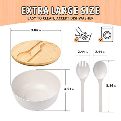 ECOWAY Bamboo Fiber Salad Bowl Set with Lid & Servers, 4Qt Large Serving Bowl with Bamboo Lid, 130OZ Mixing Bowl with Spoon Fork for Salad Fruits Vegetables and Pasta (White, 9.8inch) - color: White with lid