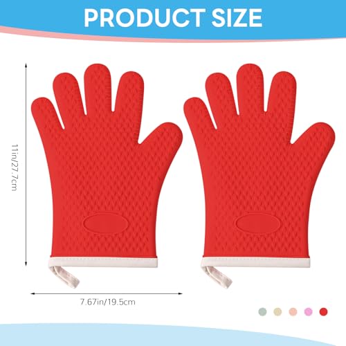 1 Pair Oven Mitts, Heat Resistant Protective Oven Gloves, Cotton Lined Silicone Kitchen Mitts Pair, Nonslip Silicone Cooking Gloves with Fingers (Red) - color: Red