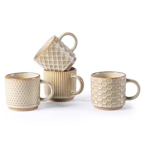 GBhome 8 OZ Stackable Coffee Mugs Set of 4, Ceramic Coffee Cups Set | 4 Assorted Designs, Embossed Mugs with Texture Patterns for Espresso/Tea, Dishwasher&Microwave Safe, Khaki - color: Pale Khaki, size: 8 Ounces