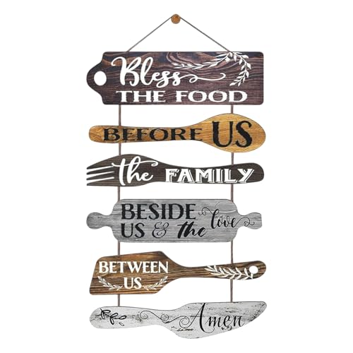Bless the Food Before Us Farmhouse Kitchen Wall Decor, Rustic Dining Room Wall Art Decorations Collage, Vintage Hanging Roped Signs Wooden Plaques for Country Hallway Dinning Room