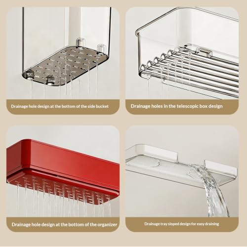 Expandable Kitchen Sink Caddy 25-38cm, 360° Rotating Sponge Holder & Brush | Red, large, stretchable 25-38cm. Side brush holder, triple drainage, rust-proof. Ideal for sponge & kitchen sink accessories. - color: Red