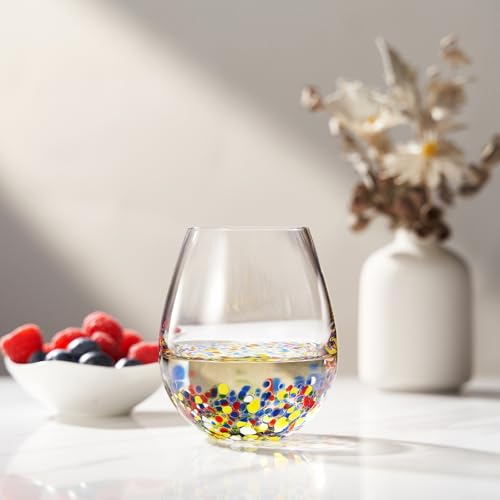 Large Stemless Wine Glasses – Set of 2-14oz Luxury Hand Blown Confetti Margaritas, Martini, Cocktails, Water, Wine, Dessert & Champagne Glasses Cinco de Mayo, Hand Blown - Mexican Confetti Glass - style: Mexican Confetti Wine Glass