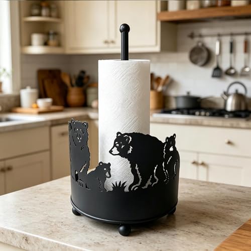 Paper Towel Holders Countertop - Paper Towel Holder Standing - Decorative Paper Towel Roll Holder Metal Paper Towel Holder Animal Paper Towel Holder (Bears) - color: Bear(matte Black)