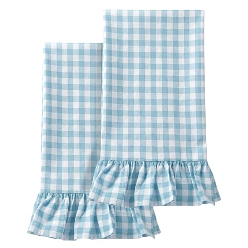 HunnmingRe Light Blue Kitchen Towels Set of 2, 100% Cotton Ruffled Gingham Dish Towels 18"x28" Tea Cloths Classic Plaid Pattern for Farmhouse Charm, Drying Dishes, Entertaining Guests - color: Light Blue, style: Gingham