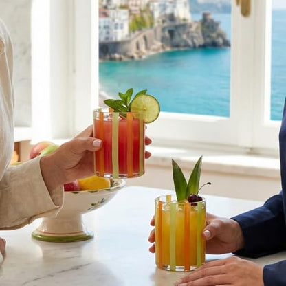 Capri Italian Design Cylindrical Tumblers, 2 Set Olive & Orange Summer Glasses Modern Cups for Water Juice Cocktail Iced Beverage Kitchen Bar Table Drinkware Entertaining Home Decor Housewarming Gifts