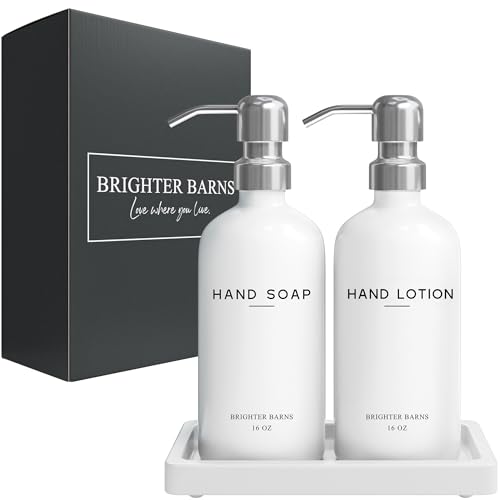 White Glass Soap and Lotion Dispenser Set by Brighter Barns - Bathroom Soap Dispenser Set Tray - Liquid Hand Soap Dispenser Pump - Modern Bathroom Accessories for Guest, Hotel, Spa, Restaurant (White) - color: White/Silver Sl