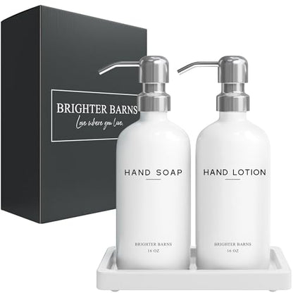 White Glass Soap and Lotion Dispenser Set by Brighter Barns - Bathroom Soap Dispenser Set Tray - Liquid Hand Soap Dispenser Pump - Modern Bathroom Accessories for Guest, Hotel, Spa, Restaurant (White) - color: White/Silver Sl