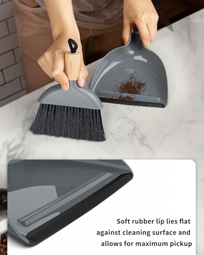 MR.SIGA Mini Dustpan and Brush Set, Bamboo Handle, Gray, 1 Set | Portable cleaning brush and dustpan combo, handheld brush and dustpan combo with hanging loop - color: Gray