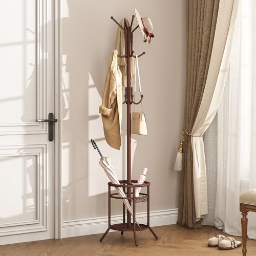 ELYKEN Coat Rack Freestanding, Metal Coat Rack with Umbrella Holder | 12 Hooks, Round Base, Heavy Duty Floor Standing Coat Tree for Entryway, Hallway, Living Room, Bedroom, Office, Brown - color: Brown