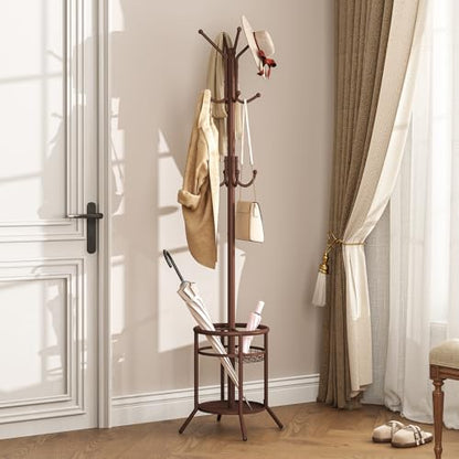ELYKEN Coat Rack Freestanding, Metal Coat Rack with Umbrella Holder | 12 Hooks, Round Base, Heavy Duty Floor Standing Coat Tree for Entryway, Hallway, Living Room, Bedroom, Office, Brown - color: Brown