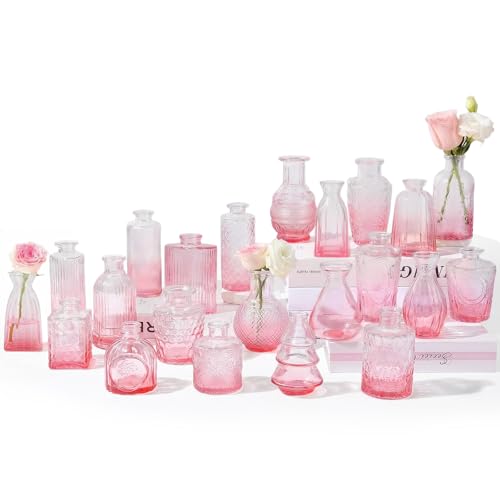 Glass Bud Vases Mini Flower Vase Small Vintage Vases for Centerpiece Table Wedding Decorations Home Decor Party(Gradient Pink 22 Pack) - style: Gradient Pink 22 pack