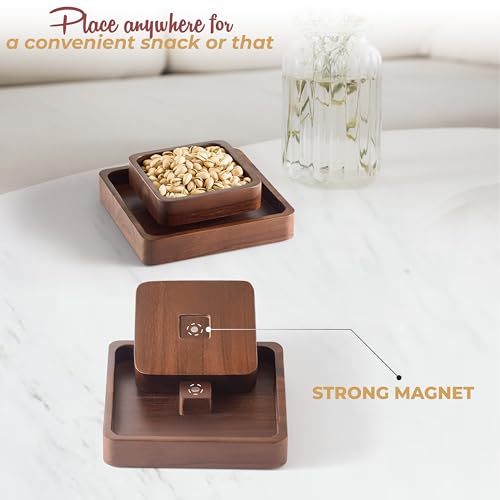 FANATU Wood Pistachio Snack Bowl with Shell Storage, Double Dish (Walnut) | Magnetic Removable Lid Creates A Convenient Nut Serving Tray For Quick Refills, Cleanup, Movie Nights And Parties - color: Walnut