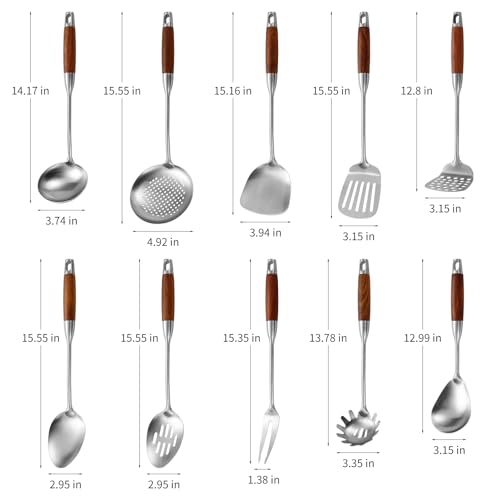 Izurok 18/10 Stainless Steel Kitchen Utensils Set,10 Piece Cooking Utensils With Wood Handle,Heat Resistant Kitchen Tool Set With Spatula,Spoon,Ladle,Skimmer,Slotted Turners,Pasta,Turner,Ladl,Fork - color: SILVER-10 Pieces, size: Large