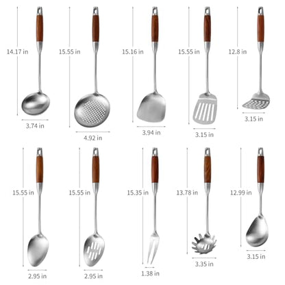 Izurok 18/10 Stainless Steel Kitchen Utensils Set,10 Piece Cooking Utensils With Wood Handle,Heat Resistant Kitchen Tool Set With Spatula,Spoon,Ladle,Skimmer,Slotted Turners,Pasta,Turner,Ladl,Fork - color: SILVER-10 Pieces, size: Large