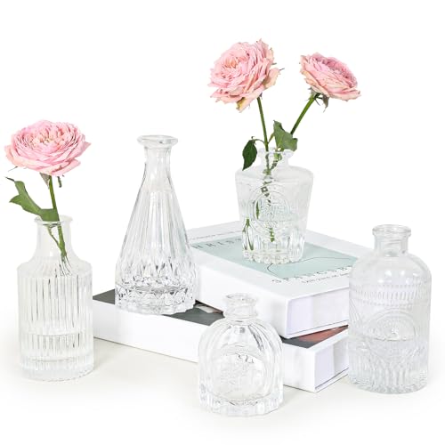 SUPMIND 5pcs Glass Bud Vase Set, Clear Small Flower Vases for Centerpieces | Vintage Mini Vase for Wedding, Home Decor, Table Decoration, Baby Shower, Party Decor - color: Clear, size: 5Pcs