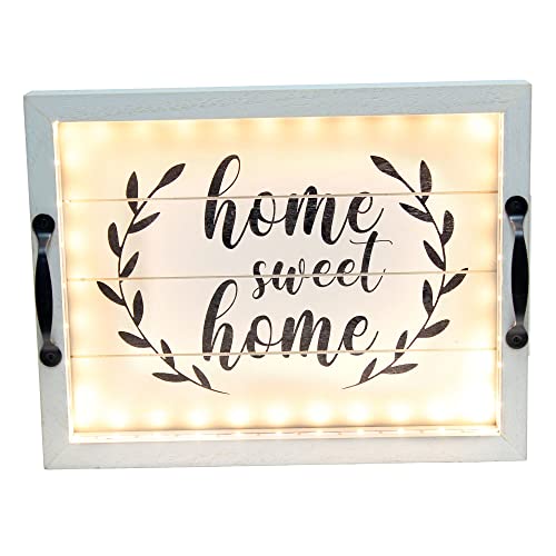 Elegant Designs HG2032-GHH Salento Farmhouse Rectangular Decorative LED Light Up Wooden Serving Tray w Metal Handles & Home Sweet Home in Black for Décor, Centerpiece, Breakfast, Bar, Gray Wash - color: Gray Wash/Black "Home Sweet Home", size: 15.5" x 12"