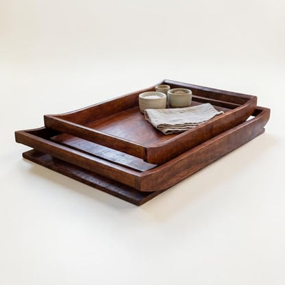 Wooden Serving Tray Set of 2 | Big Size 16x12 & 14x10 Inches | Premium Finish Wood Serving Platters with Handles | Breakfast, Coffee, Food Serving Tray for Home, Kitchen, Restaurant & Décor