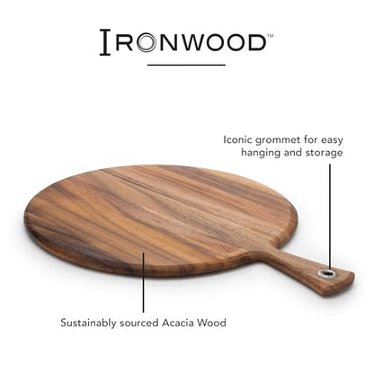 Ironwood Acacia Wood Provencale Paddleboard, 16" x 20" Round Serving Board | Extra Large Round Cutting Board With Handle | Beautiful Acacia Wood | Large Charcuterie Board | Grommet For Hanging & Drying - size: 20.3"L x 16"W